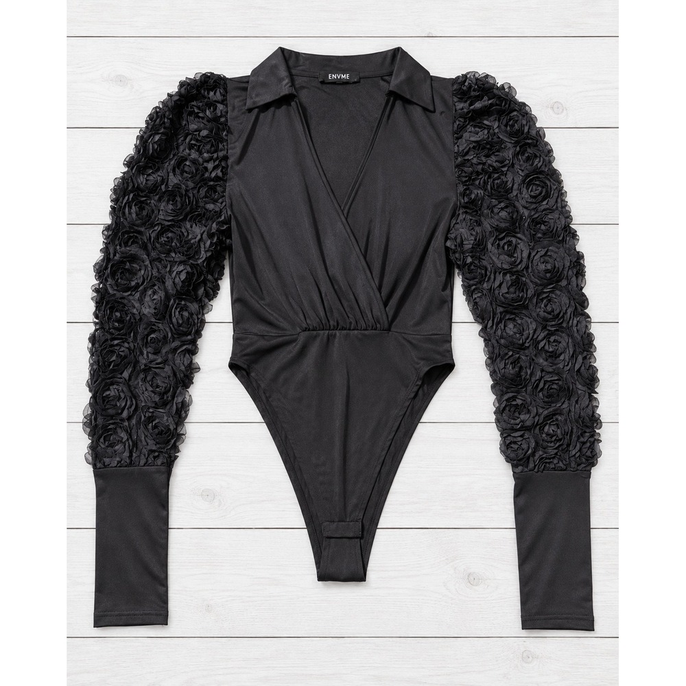 ENVME Bodysuit Floral Rosette Sleeves Surplice V-Neck Chic Coquette Black Small